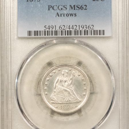 Liberty Seated Quarters 1873 SEATED LIBERTY QUARTER, ARROWS – PCGS MS-62, WHITE & LUSTROUS!