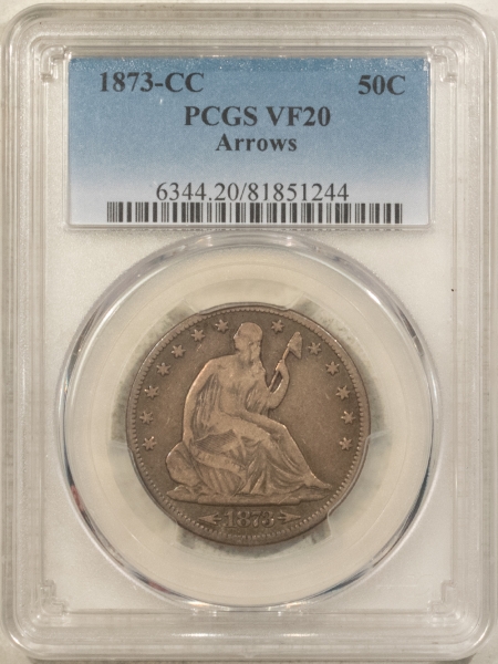 Liberty Seated Halves 1873-CC SEATED LIBERTY HALF DOLLAR, ARROWS – PCGS VF-20, SUPER ORIGINAL, TOUGH!