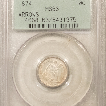 Liberty Seated Dimes 1874 SEATED LIBERTY DIME, ARROWS – PCGS MS-63, OLD GREEN HOLDER, SATINY WHITE!