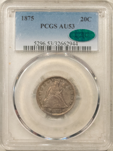 CAC Approved Coins 1875 TWENTY CENT PIECE – PCGS AU-53, PRETTY, PREMIUM QUALITY & CAC APPROVED!