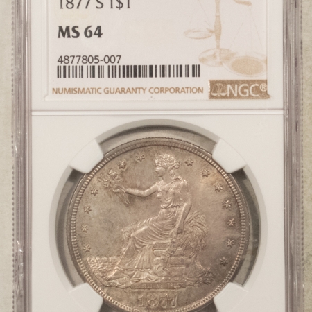 New Certified Coins 1877-S $1 TRADE DOLLAR – NGC MS-64, PLEASING ORIGINAL!