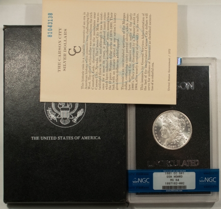 Morgan Dollars 1881-CC $1 MORGAN DOLLAR GSA – NGC MS-64, WITH BOX AND COA! CARSON CITY!