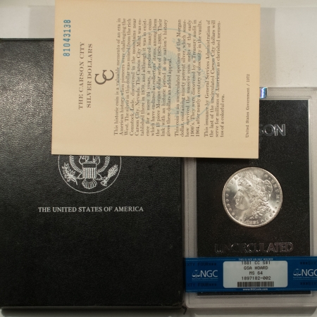 Morgan Dollars 1881-CC $1 MORGAN DOLLAR GSA – NGC MS-64, WITH BOX AND COA! CARSON CITY!