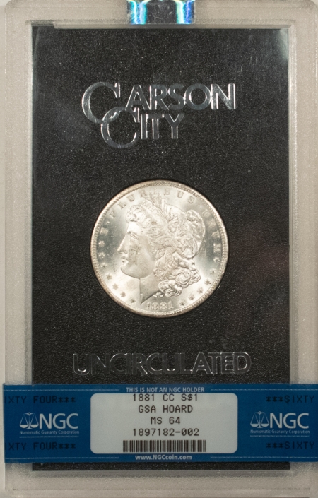 Morgan Dollars 1881-CC $1 MORGAN DOLLAR GSA – NGC MS-64, WITH BOX AND COA! CARSON CITY!