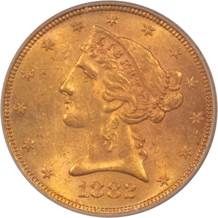 $5 1882 $5 LIBERTY GOLD HALF EAGLE – ICG MS-63, NICE COIN!