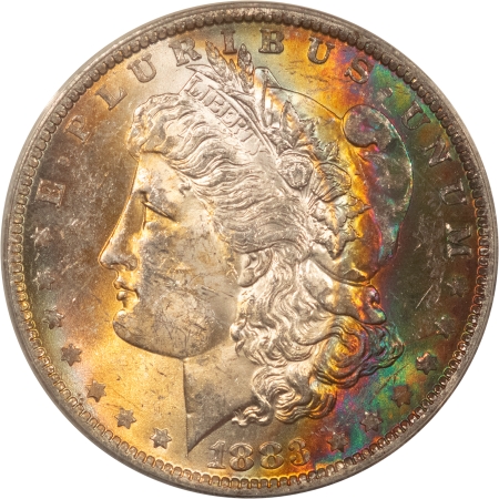 Morgan Dollars 1883-O $1 MORGAN DOLLAR – ANACS MS-60, GORGEOUS RAINBOW COLOR!