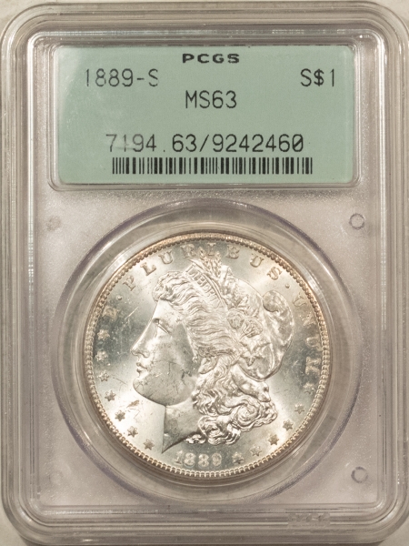 Morgan Dollars 1889-S $1 MORGAN DOLLAR – PCGS MS-63, BLAST WHITE! 2 PC OLD GREEN HOLDER! PQ!