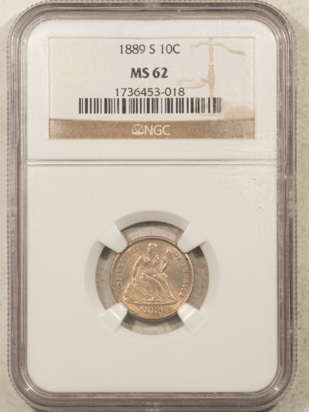 Liberty Seated Dimes 1889-S SEATED LIBERTY DIME – NGC MS-62, SURPRISINGLY TOUGH!