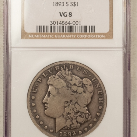 Morgan Dollars 1893-S $1 MORGAN DOLLAR – NGC VG-8, PRISTINE! KEY-DATE!