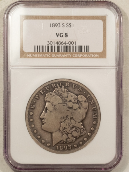 Morgan Dollars 1893-S $1 MORGAN DOLLAR – NGC VG-8, PRISTINE! KEY-DATE!