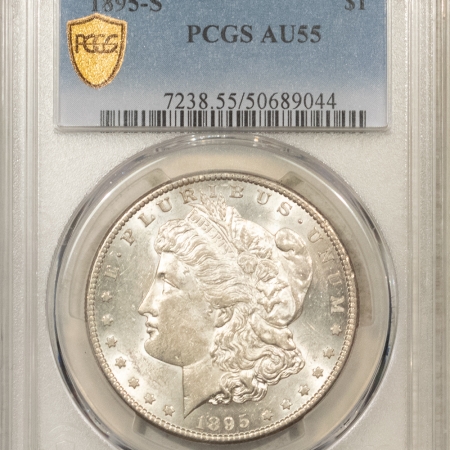 Morgan Dollars 1895-S MORGAN DOLLAR – PCGS AU-55, BLAST WHITE, LUSTROUS, LOOKS 58! KEY-DATE!