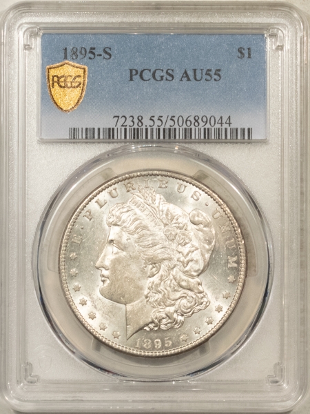 Morgan Dollars 1895-S MORGAN DOLLAR – PCGS AU-55, BLAST WHITE, LUSTROUS, LOOKS 58! KEY-DATE!