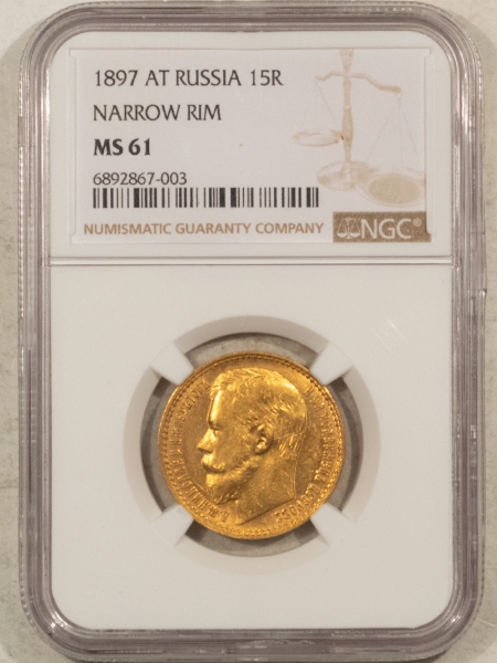 New Certified Coins 1897 AT 15R, Y-65.2 NARROW RIM – NGC MS-61, RARE TYPE, FLASHY & NICE!