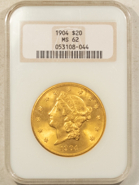 $20 1904 $20 LIBERTY GOLD DOUBLE EAGLE NGC MS-62, LOOKS LIKE A GEM, PREMIUM QUALITY!