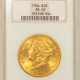 $20 1873 OPEN 3 $20 LIBERTY GOLD DOUBLE EAGLE – NGC AU-58, CRIME OF ’73 HOLDER