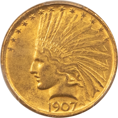 $10 1907 $10 INDIAN GOLD EAGLE, NO MOTTO – PCGS MS-61, AUGUSTUS SAINT GAUDENS HOLDER