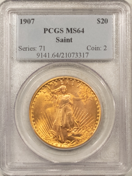 $20 1907 NO MOTTO $20 ST GAUDENS GOLD DOUBLE EAGLE – PCGS MS-64 PRETTY SURFACES!