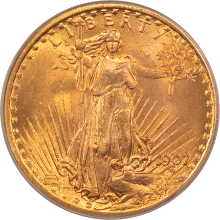 $20 1907 NO MOTTO $20 ST GAUDENS GOLD DOUBLE EAGLE – PCGS MS-64 PRETTY SURFACES!