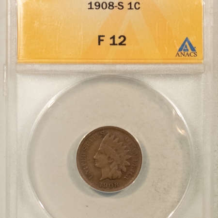 Indian 1908-S INDIAN CENT – ANACS F-12, CHOCOLATE BROWN KEY-DATE!