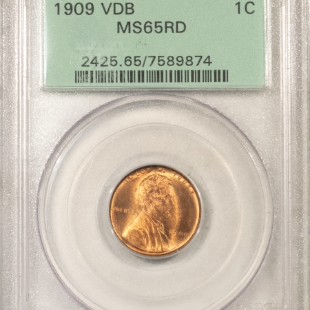 U.S. Certified Coins 1909 VDB LINCOLN CENT – PCGS MS-65 RD, OLD GREEN HOLDER, GEM!