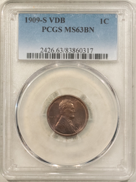 Lincoln Cents (Wheat) 1909-S VDB LINCOLN CENT – PCGS MS-63 BN, PRETTY! KEY-DATE!