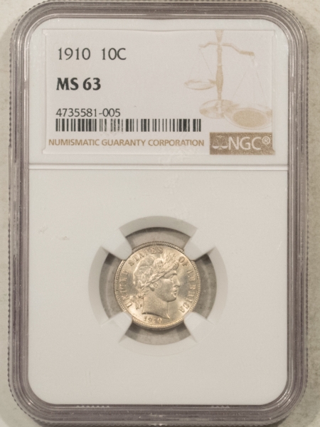 Barber Dimes 1910 BARBER DIME – NGC MS-63, WHITE & CHOICE!