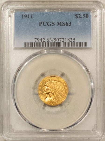 $2.50 1911 $2.50 INDIAN GOLD QUARTER EAGLE – PCGS MS-63, CHOICE BETTER DATE!