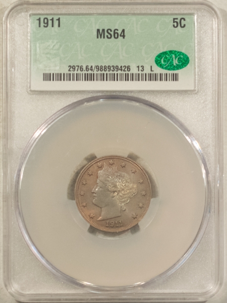 CAC Approved Coins 1911 LIBERTY NICKEL – CACG MS-64, REALLY PRETTY & PREMIUM QUALITY!