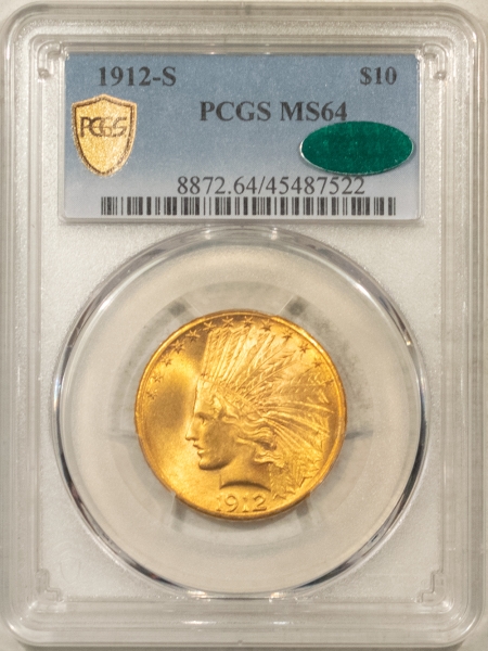 $10 1912-S $10 INDIAN GOLD EAGLE – PCGS MS-64 CAC, BLAZING LUSTER & PQ! TOUGH DATE!