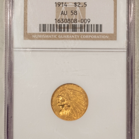 $2.50 1914 $2.50 INDIAN GOLD QUARTER EAGLE – NGC AU-58, TOUGH DATE!