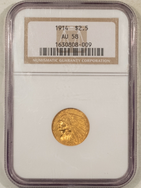 $2.50 1914 $2.50 INDIAN GOLD QUARTER EAGLE – NGC AU-58, TOUGH DATE!