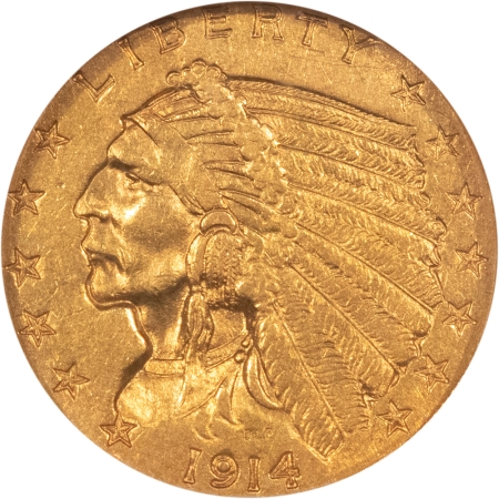 $2.50 1914 $2.50 INDIAN GOLD QUARTER EAGLE – NGC AU-58, TOUGH DATE!