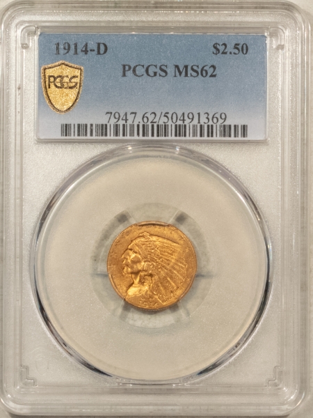 $2.50 1914-D $2.50 INDIAN GOLD QUARTER EAGLE – PCGS MS-62, LUSTROUS & PREMIUM QUALITY!