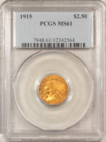 $2.50 1915 $2.50 INDIAN GOLD QUARTER EAGLE – PCGS MS-61, LUSTROUS & PRETTY!