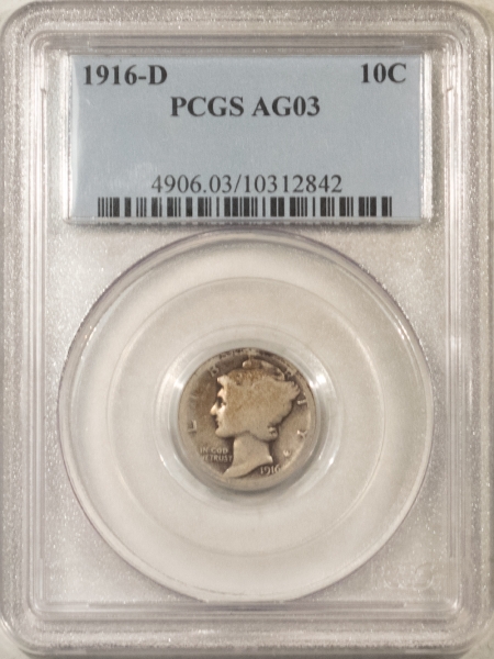 Mercury Dimes 1916-D MERCURY DIME – PCGS AG-3, NICE & ORIGINAL, CLOSE TO G-4