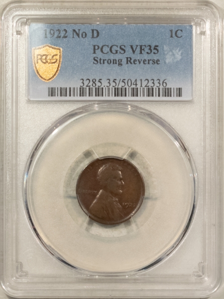 Lincoln Cents (Wheat) 1922 NO D LINCOLN CENT, STRONG REVERSE – PCGS VF-35, TOUGH! NICE SURFACES!