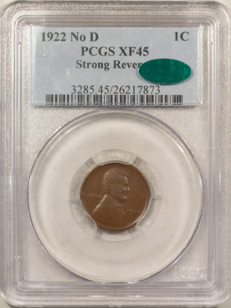 CAC Approved Coins 1922 NO D LINCOLN CENT STRONG REVERSE – PCGS XF-45, ORIG KEY DATE, CAC APPROVED!