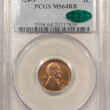 CAC Approved Coins 1924-S LINCOLN CENT – PCGS MS-64 RB, PQ, NICE FOR DATE! CAC APPROVED!