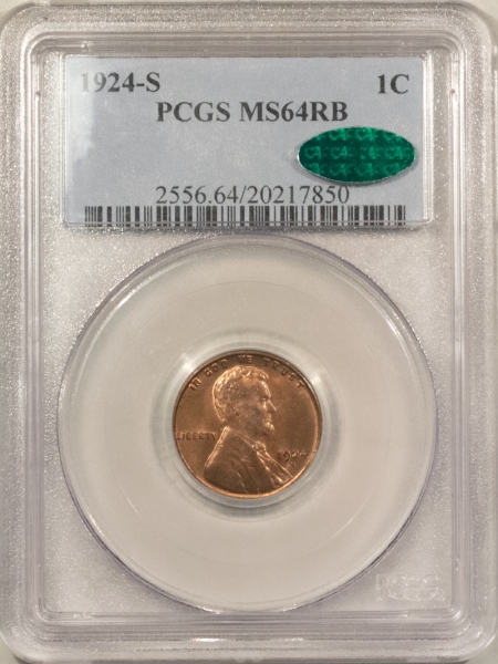 CAC Approved Coins 1924-S LINCOLN CENT – PCGS MS-64 RB, PQ, NICE FOR DATE! CAC APPROVED!