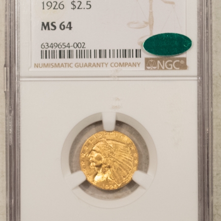 $2.50 1926 $2.50 INDIAN GOLD QUARTER EAGLE – NGC MS-64, CAC APPROVED!