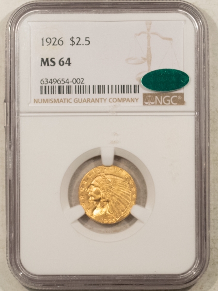 $2.50 1926 $2.50 INDIAN GOLD QUARTER EAGLE – NGC MS-64, CAC APPROVED!