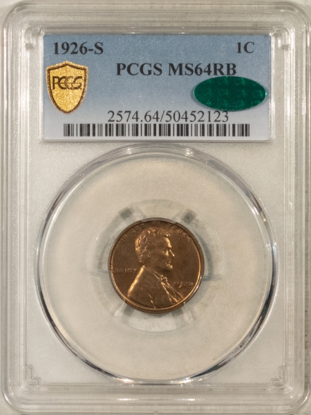 CAC Approved Coins 1926-S LINCOLN CENT – PCGS MS-64 RB CAC, SUPER PREMIUM QUALITY NICE FOR THE DATE