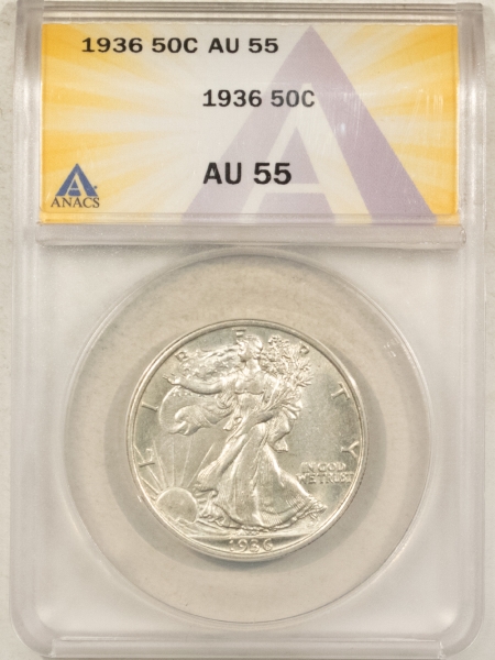 Half Dollars 1936 WALKING LIBERTY HALF DOLLAR, ANACS AU-55, ORIGINAL WHITE & CLOSE TO UNC!