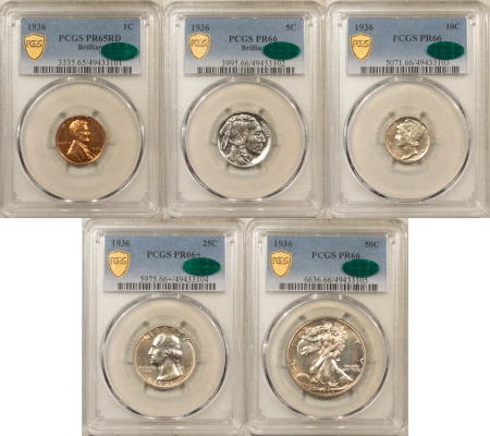 CAC Approved Coins 1936 5 COIN ORIGINAL U.S. PROOF SET – PCGS PR-65RD/66/66/66+/PR-66, ALL CAC PQ++