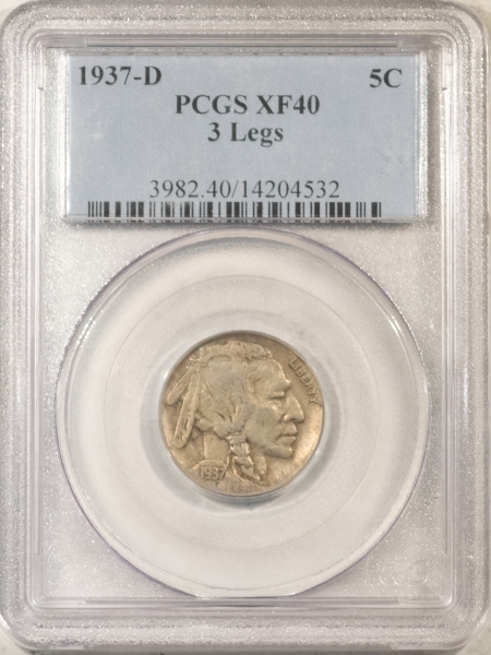 Buffalo Nickels 1937-D BUFFALO NICKEL, 3 LEGS – PCGS XF-40, NICE ATTRACTIVE KEY-DATE!