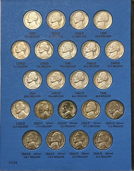 Jefferson Nickels 1938-1961D JEFFERSON NICKEL 65 COIN SET, IN FOLDER, 39D, SILVER WAR 5C, BU 1950D