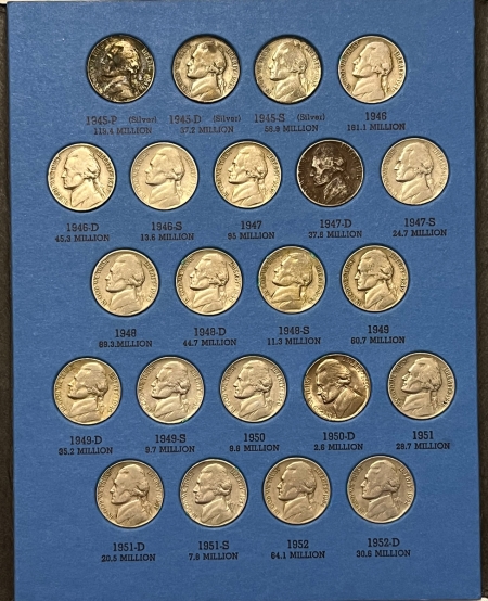 Jefferson Nickels 1938-1961D JEFFERSON NICKEL 65 COIN SET, IN FOLDER, 39D, SILVER WAR 5C, BU 1950D