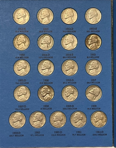 Jefferson Nickels 1938-1961D JEFFERSON NICKEL 65 COIN SET, IN FOLDER, 39D, SILVER WAR 5C, BU 1950D