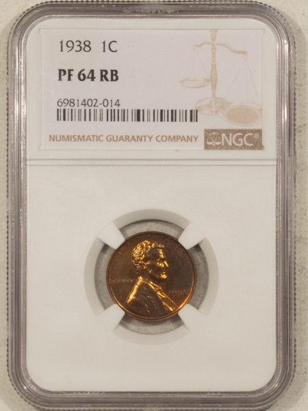 Lincoln Cents (Wheat) 1938 PROOF LINCOLN CENT – NGC PF-64 RB, PRETTY!