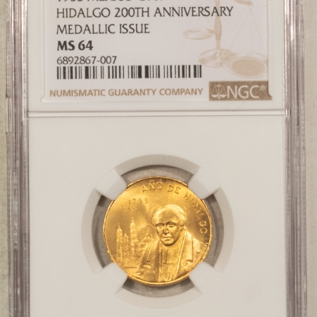 New Certified Coins 1953 MEXICO GOLD 10 PESOS, HIDALGO 200TH ANNIVERSARY MEDALLIC, KM#M91a NGC MS-64